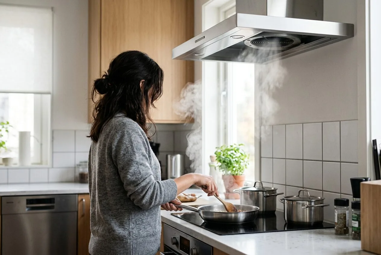 Using a kitchen exhaust fan while cooking to remove smoke and particulate matter from the indoor air.
