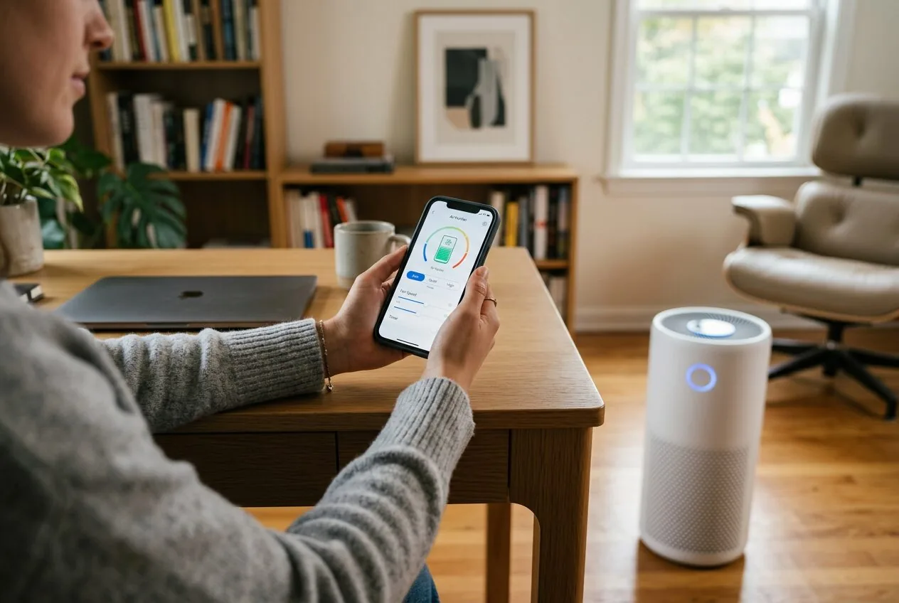 Using a smartphone app to control an air purifier's settings remotely from a desk.