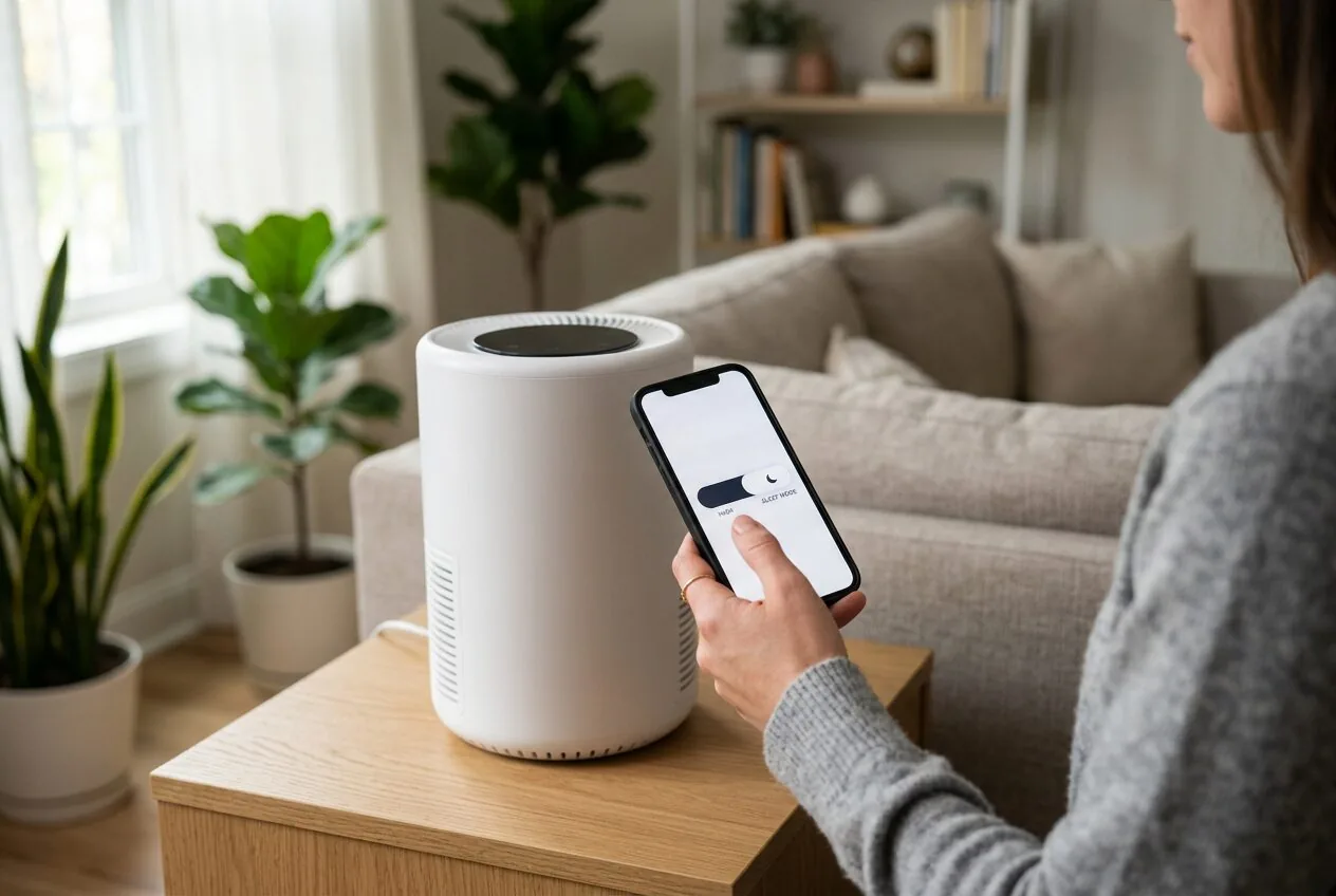 Using a smartphone to set an air purifier to a low-energy sleep mode for nighttime operation.