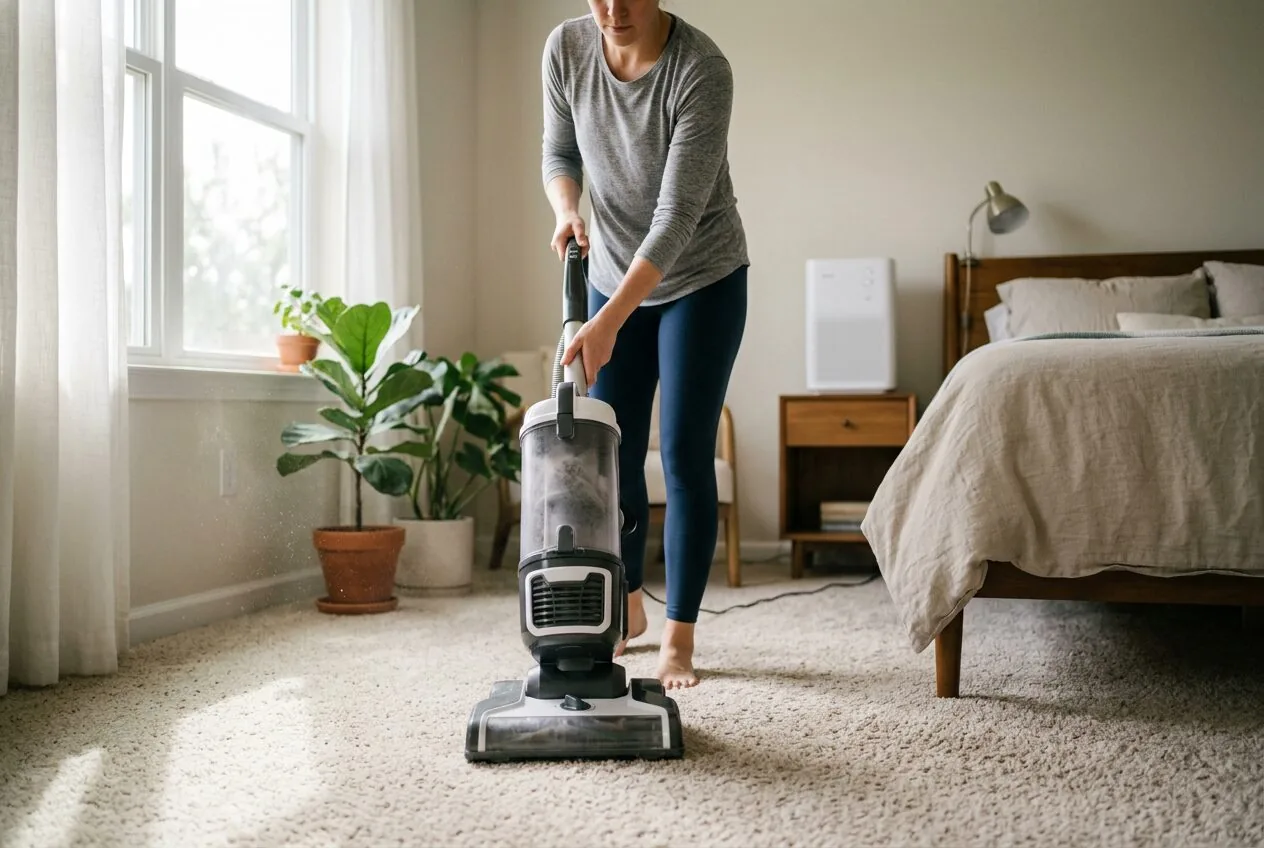 Vacuuming a carpet while an air purifier runs in the background for comprehensive dust control