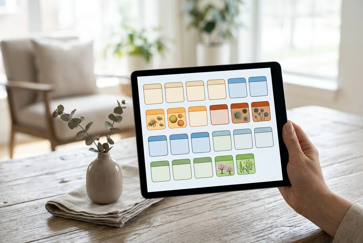 Visual calendar showing seasonal peaks for different indoor allergens throughout the year