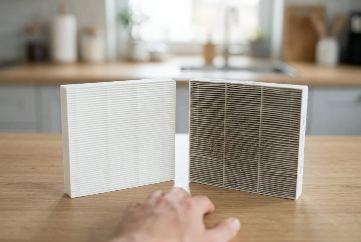 Visual comparison of a clean air purifier filter versus one used in a kitchen environment.