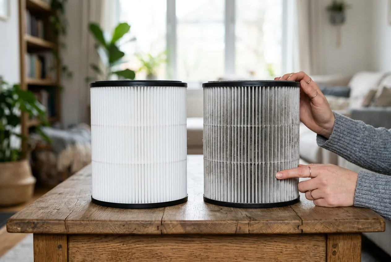 Visual comparison of a clean HEPA filter versus a dirty one filled with captured dust and airborne contaminants.