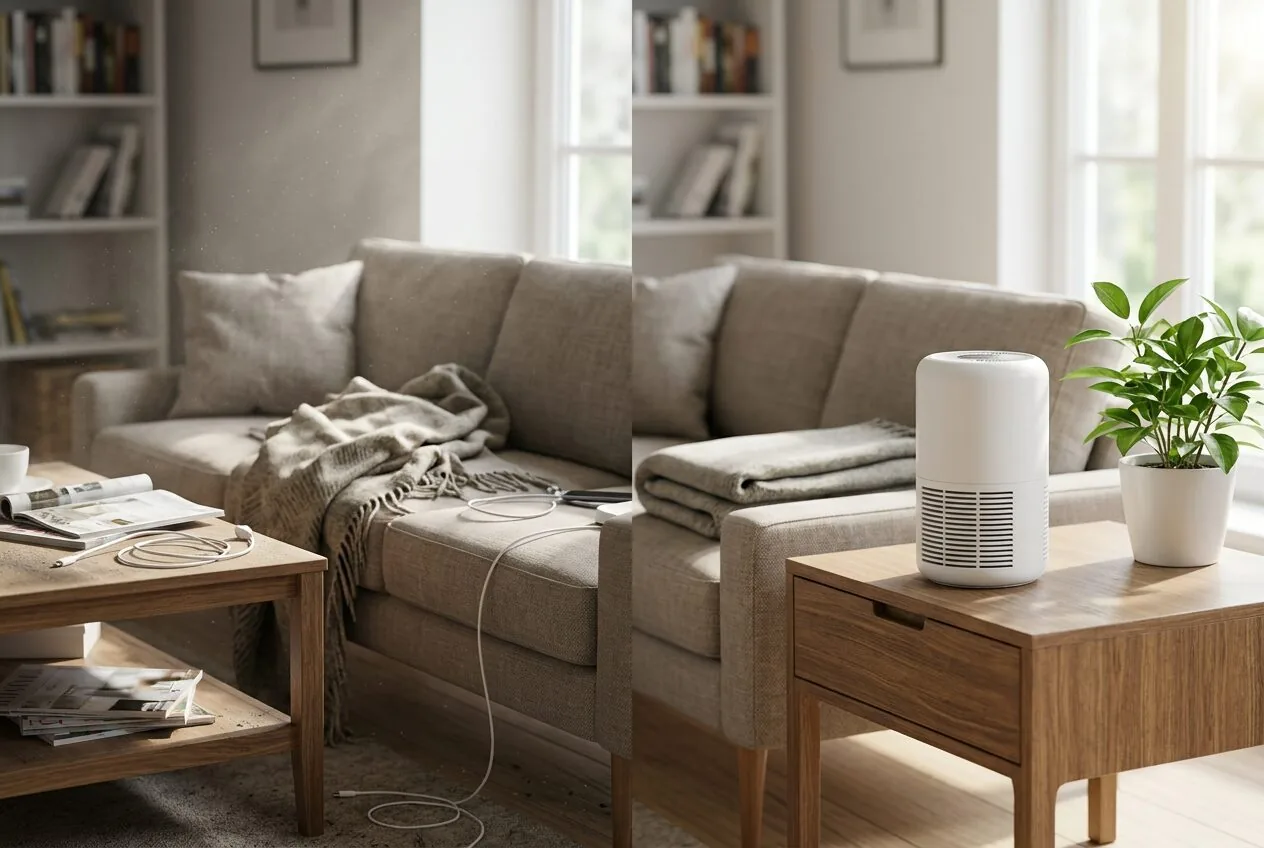 Visual comparison of a room with and without an air purifier for managing seasonal allergy triggers.