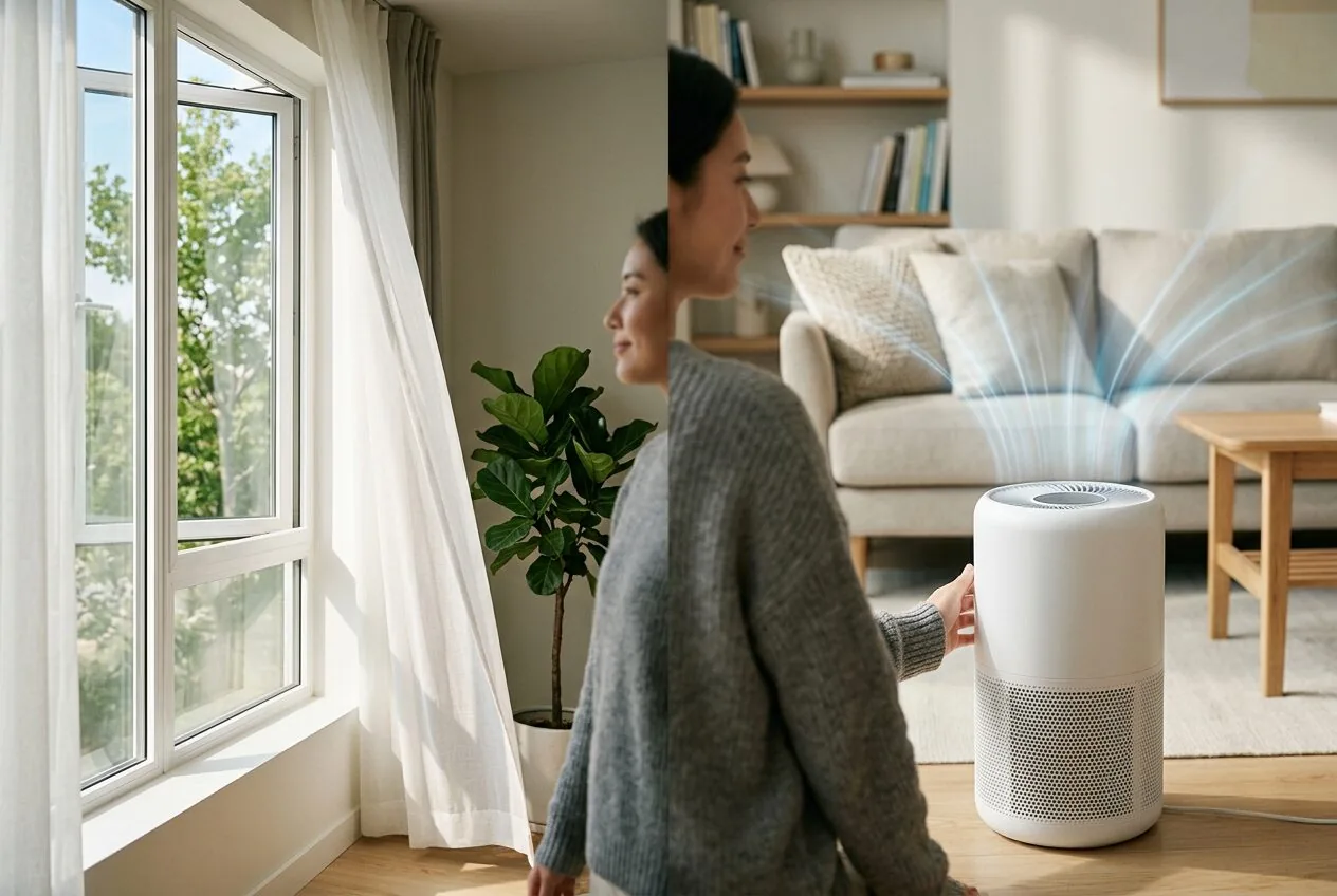 Visual comparison of two air cleaning methods: opening a window for ventilation and using an air purifier for filtration.