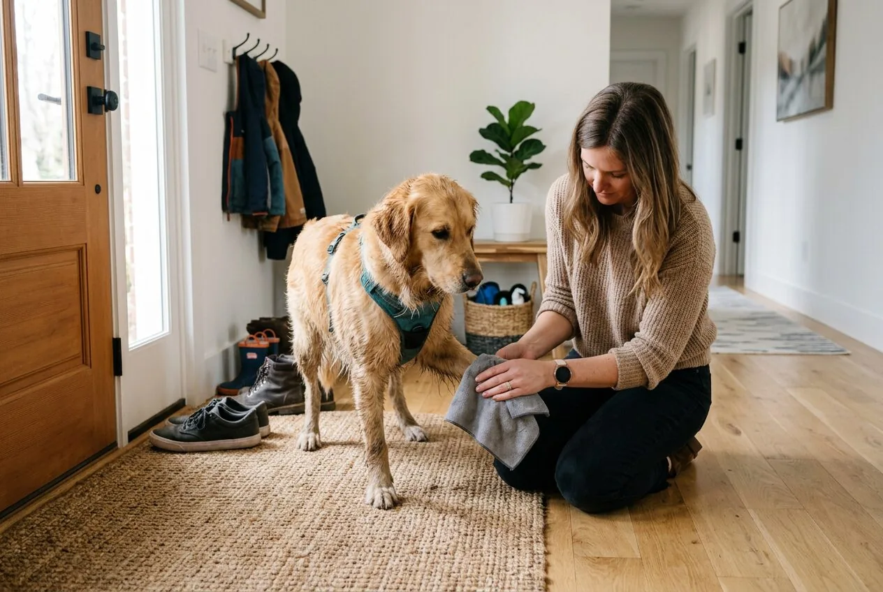 Wiping a pet's paws at the door to prevent outdoor allergens like pollen from entering the home.